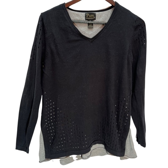 𝅺pure Handknit 100% Cotton Dual Layer Black/Grey Top w/Cutouts Size XS - Picture 2 of 11